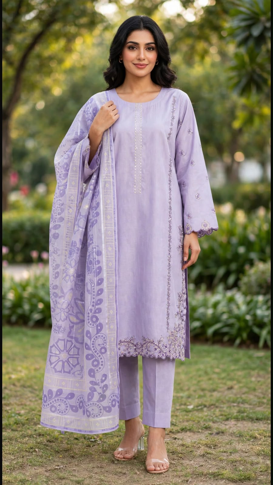 Lavender Purple Embroidered Cotton 3-Piece Suit with Printed Dupatta