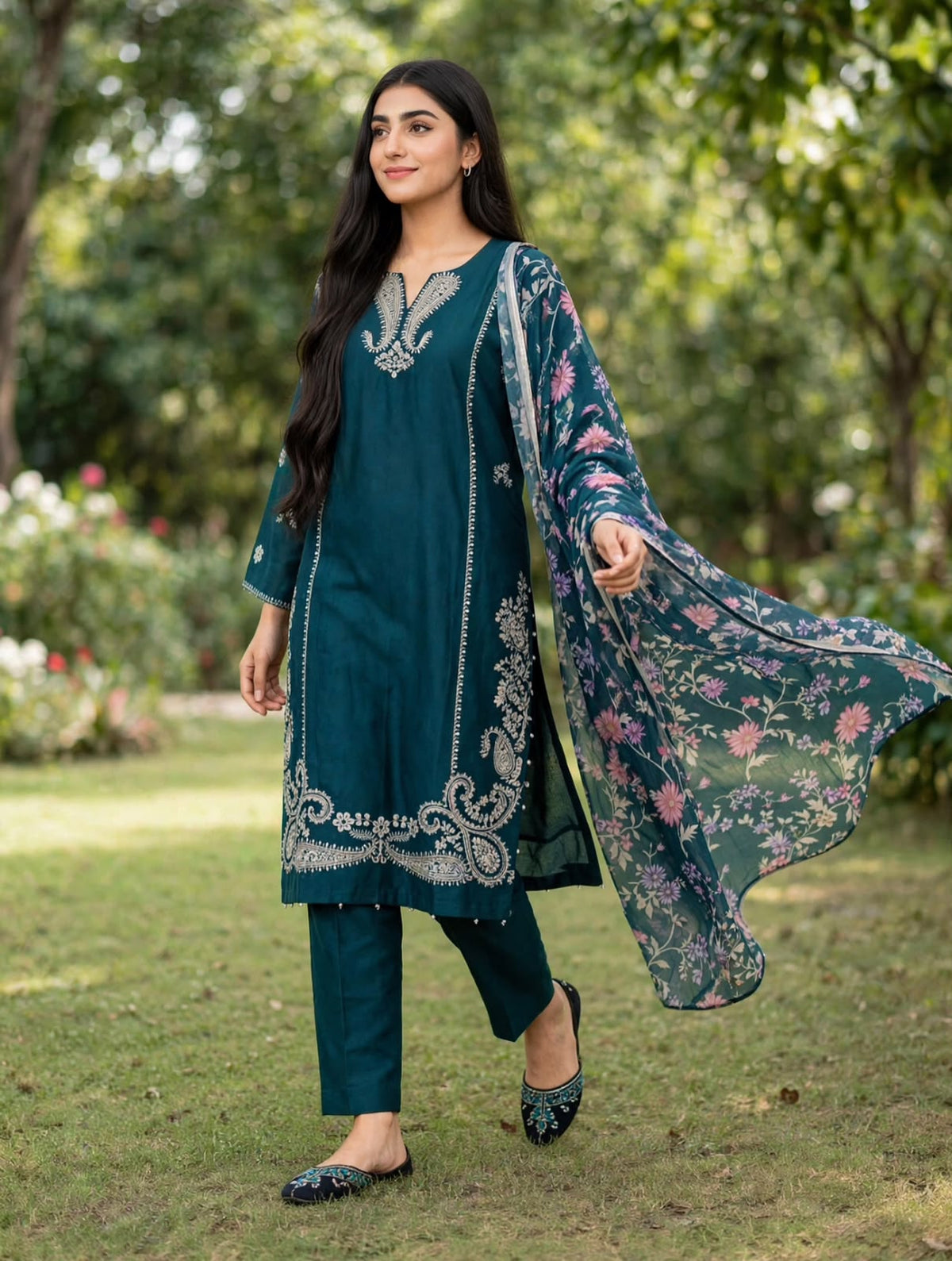 Luxe Teal Blue Embroidered Cotton 3-Piece Suit with Floral Dupatta