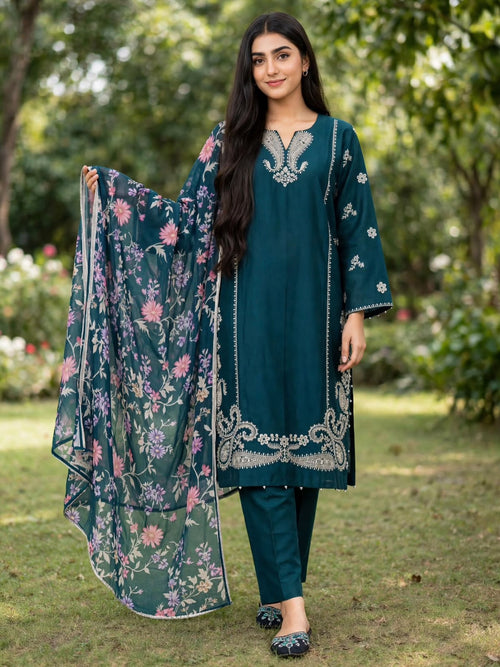 Luxe Teal Blue Embroidered Cotton 3-Piece Suit with Floral Dupatta