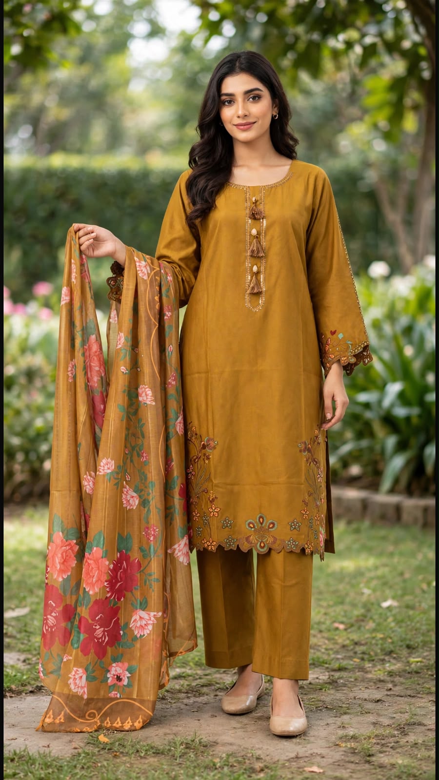 Mustard Embroidered 3-Piece cotton Suit with Floral Dupatta
