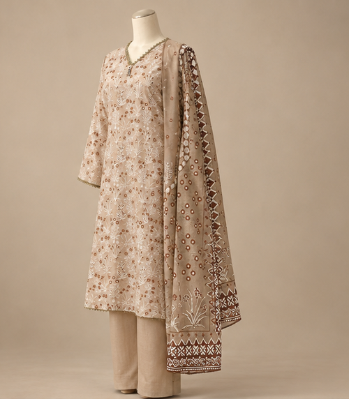 Elegant Floral Embroidered Three Piece Suit