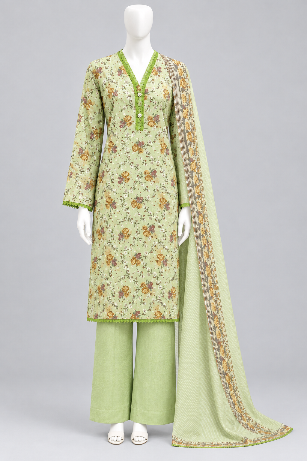 Pista Green Floral Printed Two Piece Set