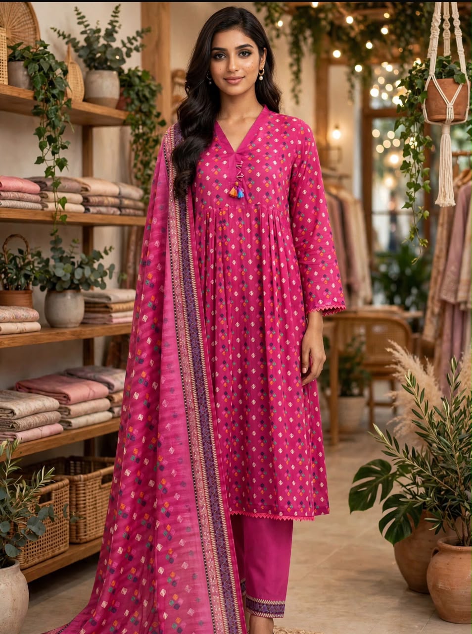 Magenta Pink Geometric Printed Cotton Frock 3-Piece Festive Suit