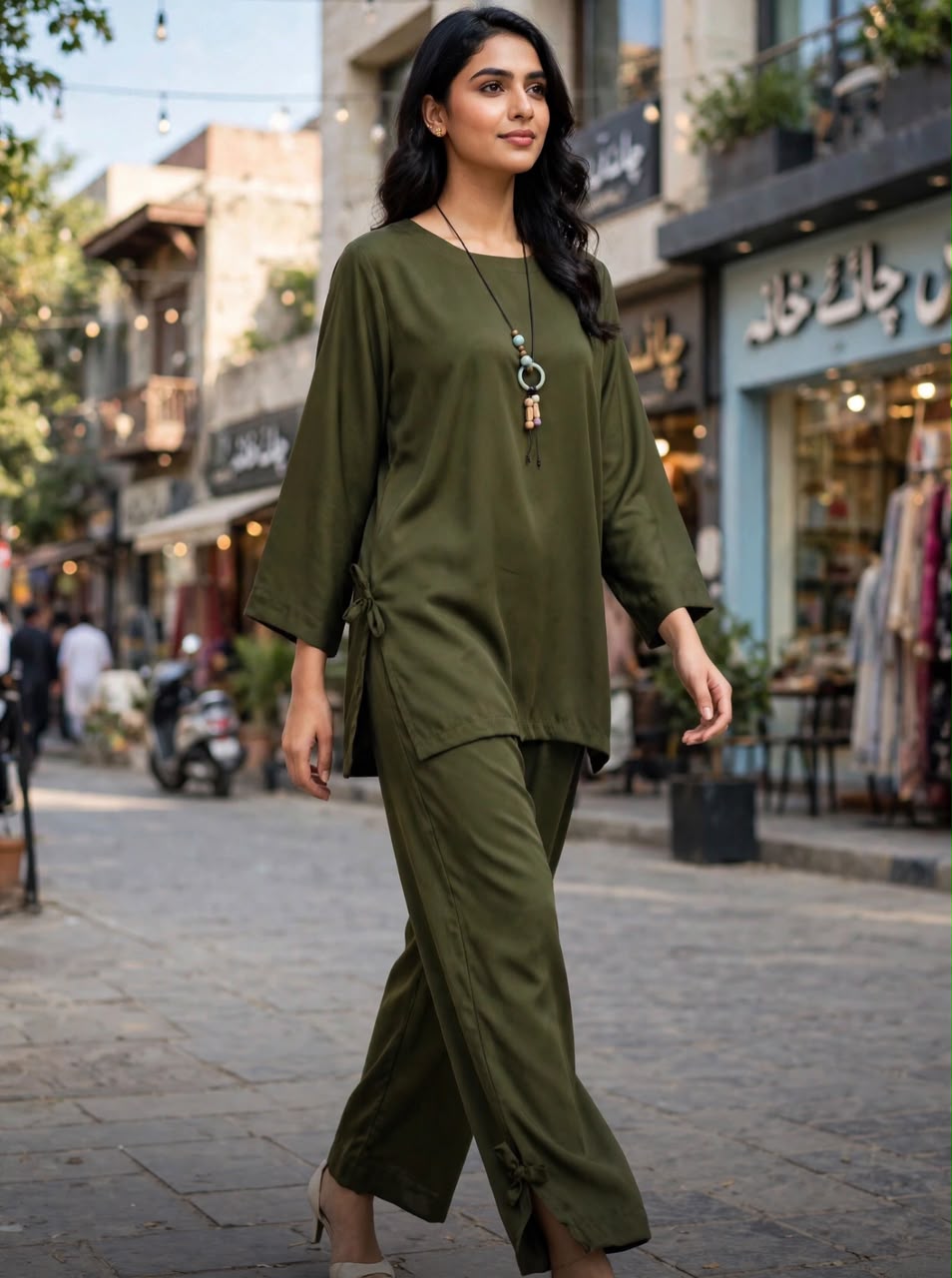 Olive Green Cotton Co-Ord Set for Women – Relaxed Fit Tunic & Wide-Leg Trousers