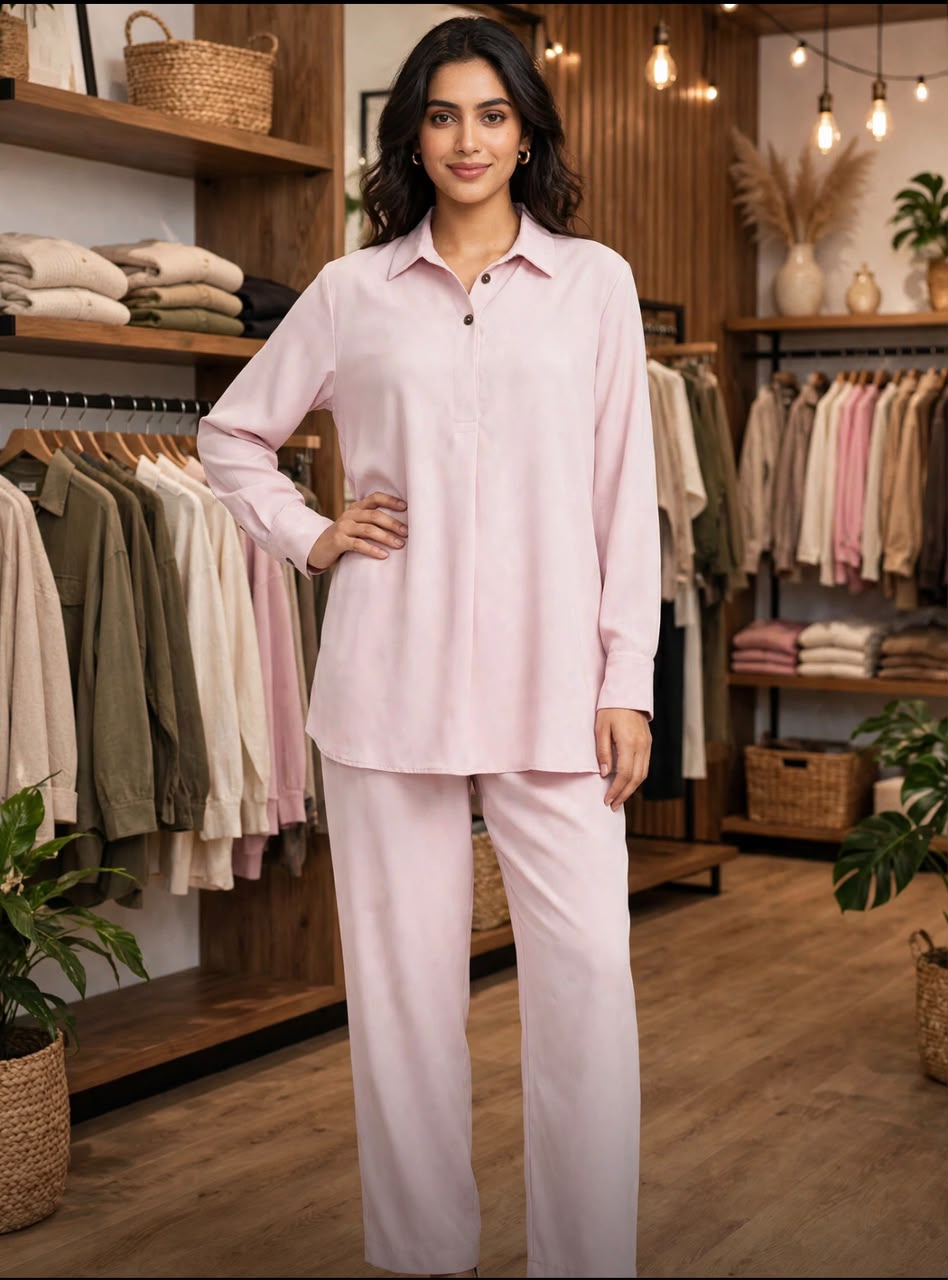 Pink Premium Cotton Co-Ord Set for Women – Button-Front Shirt & Straight-Leg Trousers