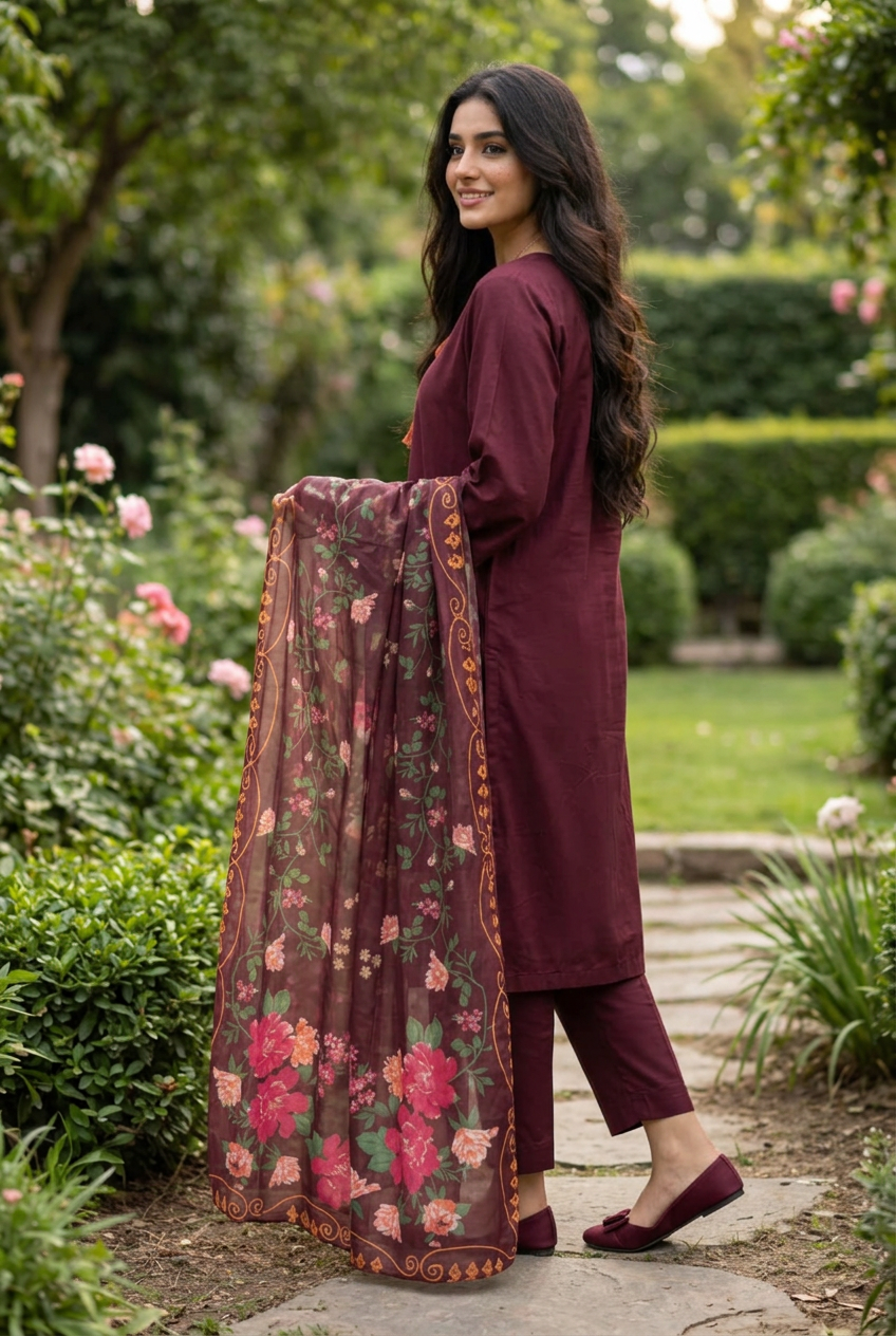 Maroon outfit from a side-profile angle