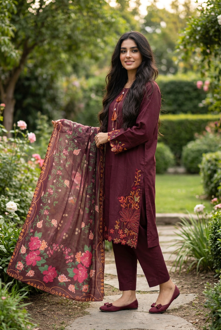 Maroon outfit from a three-quarter angle