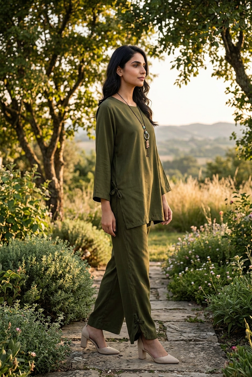 Olive outfit in a natural garden setting
