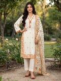 Off-White & Rust Orange Embroidered Cotton 3-Piece Suit Set with Dupatta